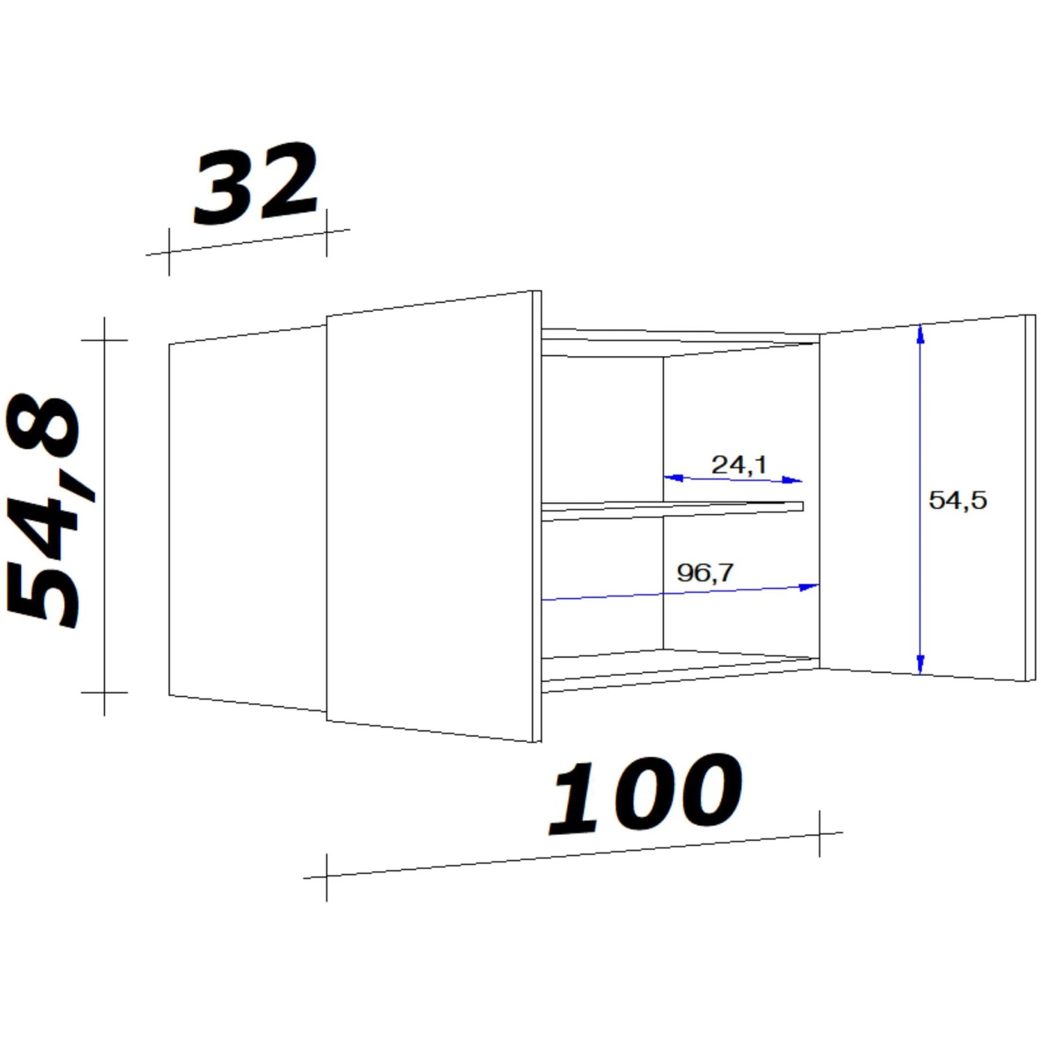 Skizze des Flex-Well Classic Oberschranks 100 cm Oslo Sonoma Eiche mit Maßangaben.
