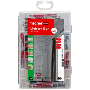 Fischer Meister-Box Altbau mit 150 Dübeln und Schrauben, sortiert in Kunststoffbox.