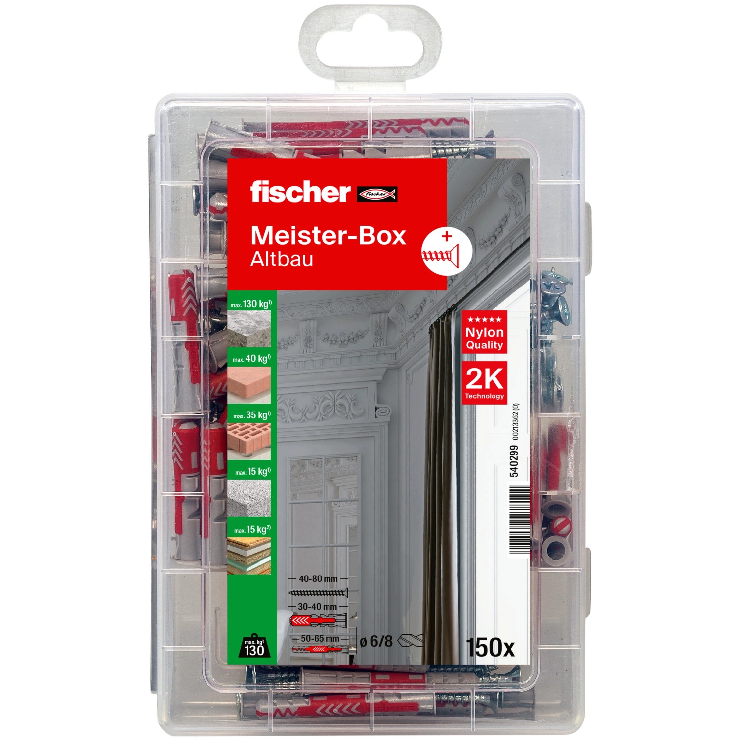 Fischer Meister-Box Altbau mit 150 Dübeln und Schrauben, sortiert in Kunststoffbox.
