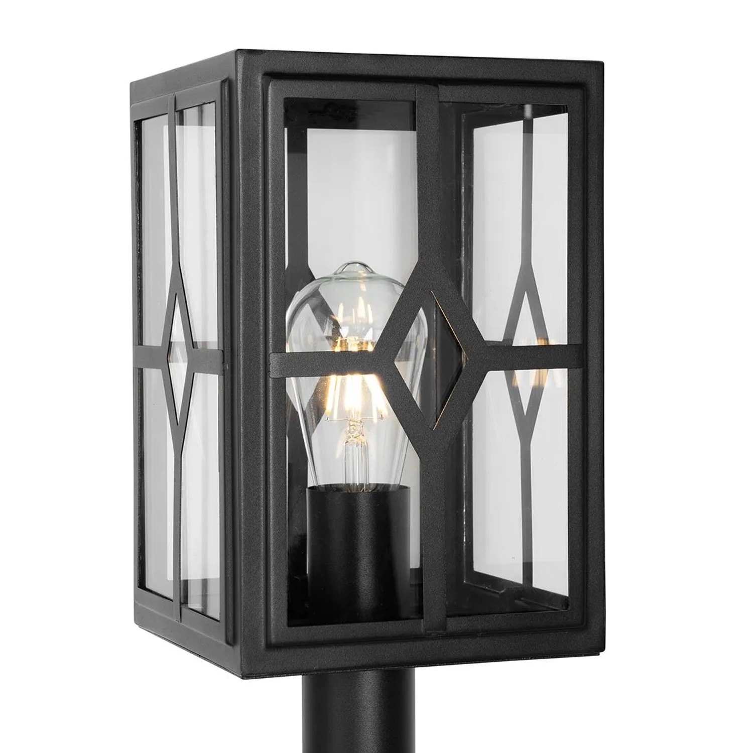 Schwarze QAZQA Dover Stehleuchte für Außen, 100cm hoch, klassisches Design mit Glaseinsätzen.