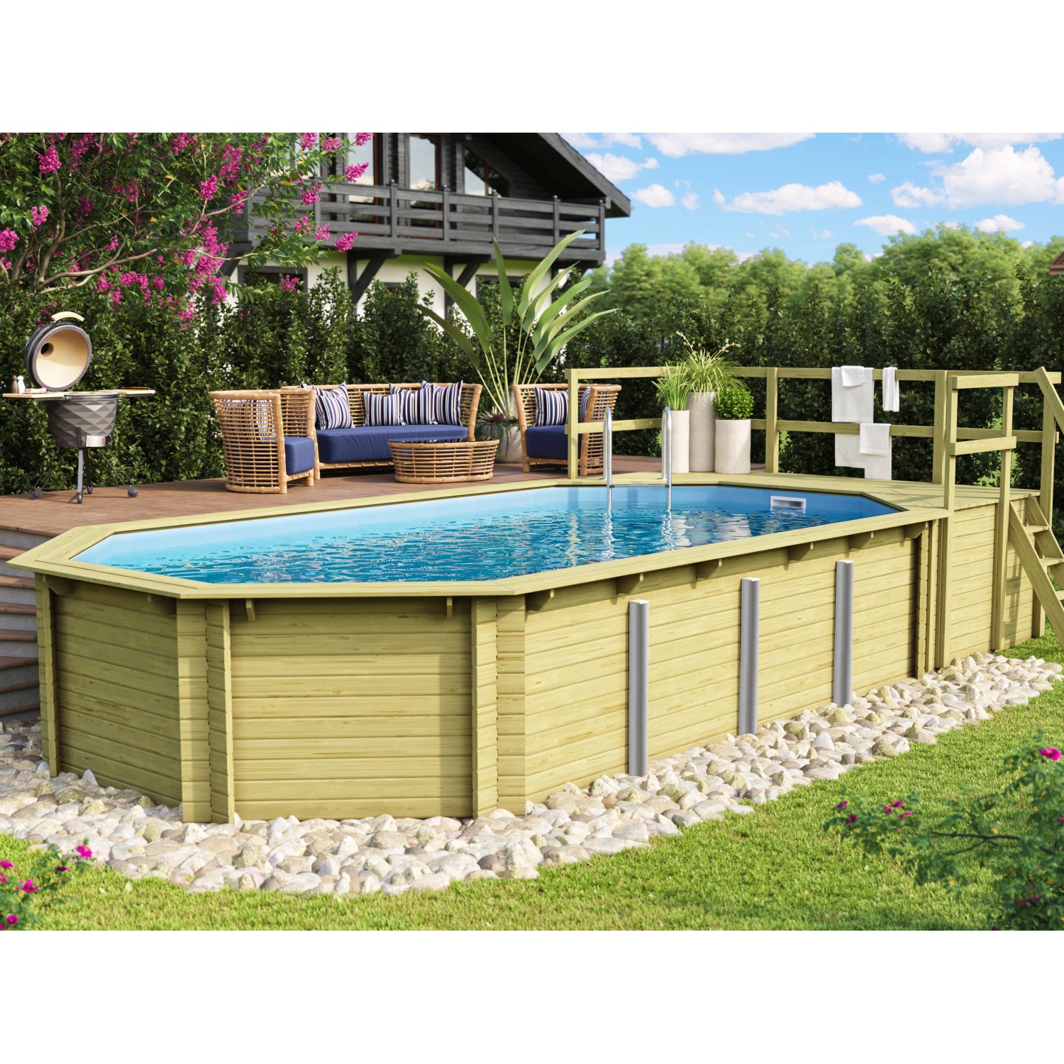 Karibu Pool 5 Set inkl. Filteranlage Skimmer mit zwei Sonnenterrassen