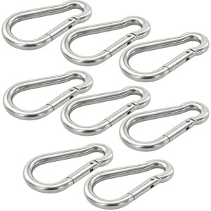 8 silberne Edelstahl Karabinerhaken 6x60 mm mit Schnappverschluss für vielseitige Befestigungen bis 99 kg.
