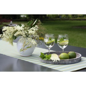 Szene mit Blu Hugo Cocktail-Minze in Vase, Gläsern und Limetten auf einem Tisch im Garten.