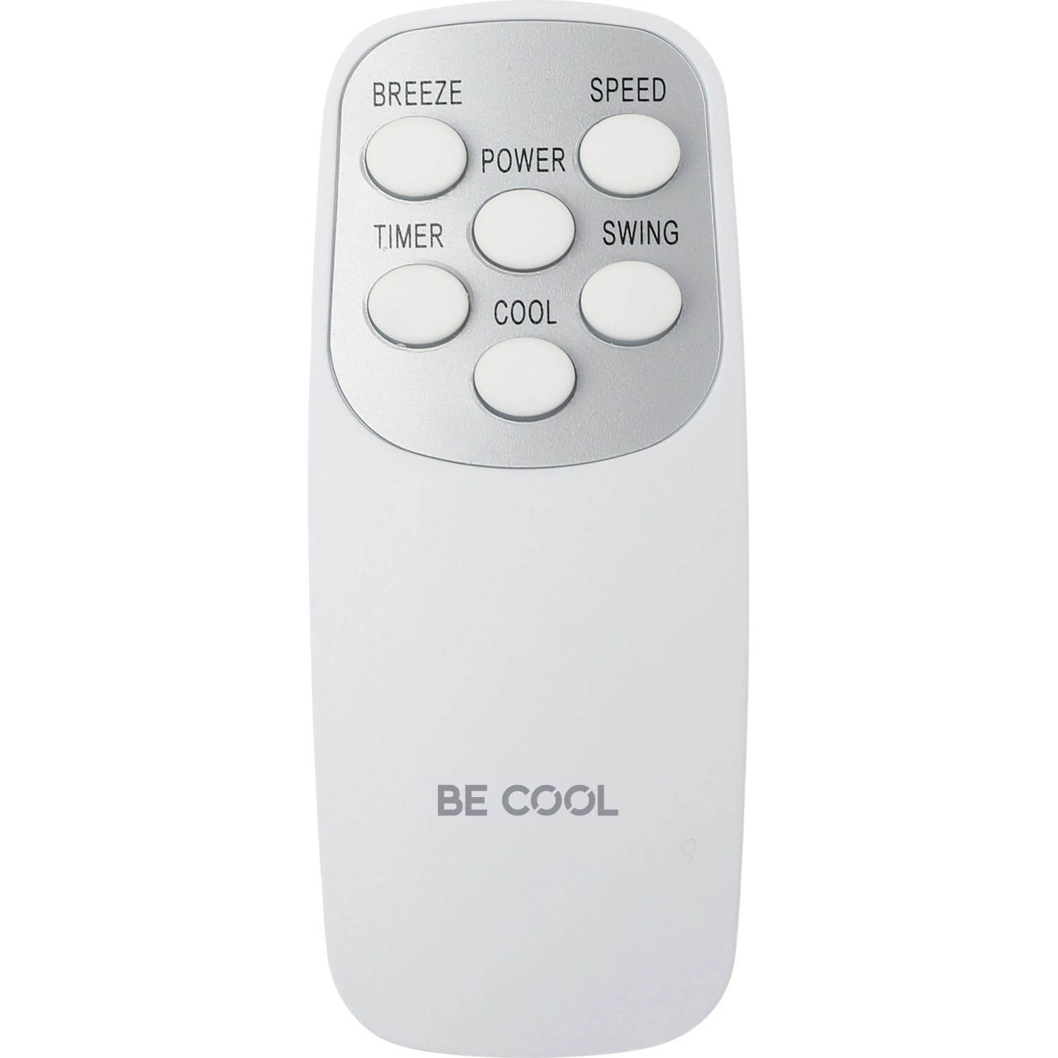 Fernbedienung für Luftkühler 60 l Weiß-Braun mit Tasten für Breeze, Power, Timer, Cool, Speed und Swing.