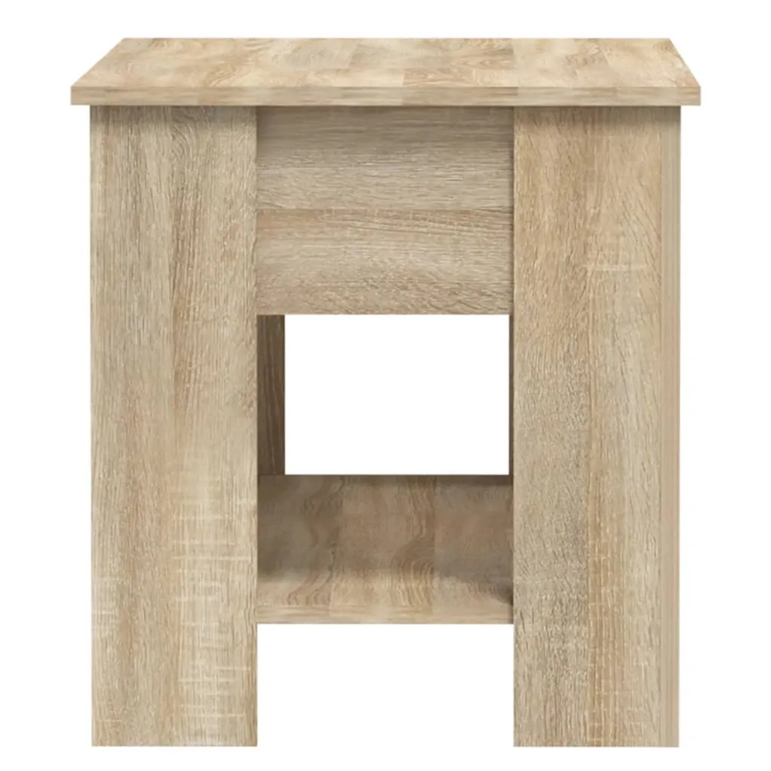 Quadratischer Couchtisch Sonoma-Eiche aus Holzwerkstoff mit Ablage.