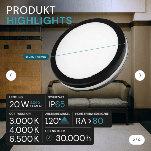 LUXULA LED Deckenleuchte IP65 CCT Kalt- Warmweiß 20W 2000lm Schnellverbinder Ø20cm Feuchtraumleuchte Badlampe Kellerleuchte Garage Flach Rund