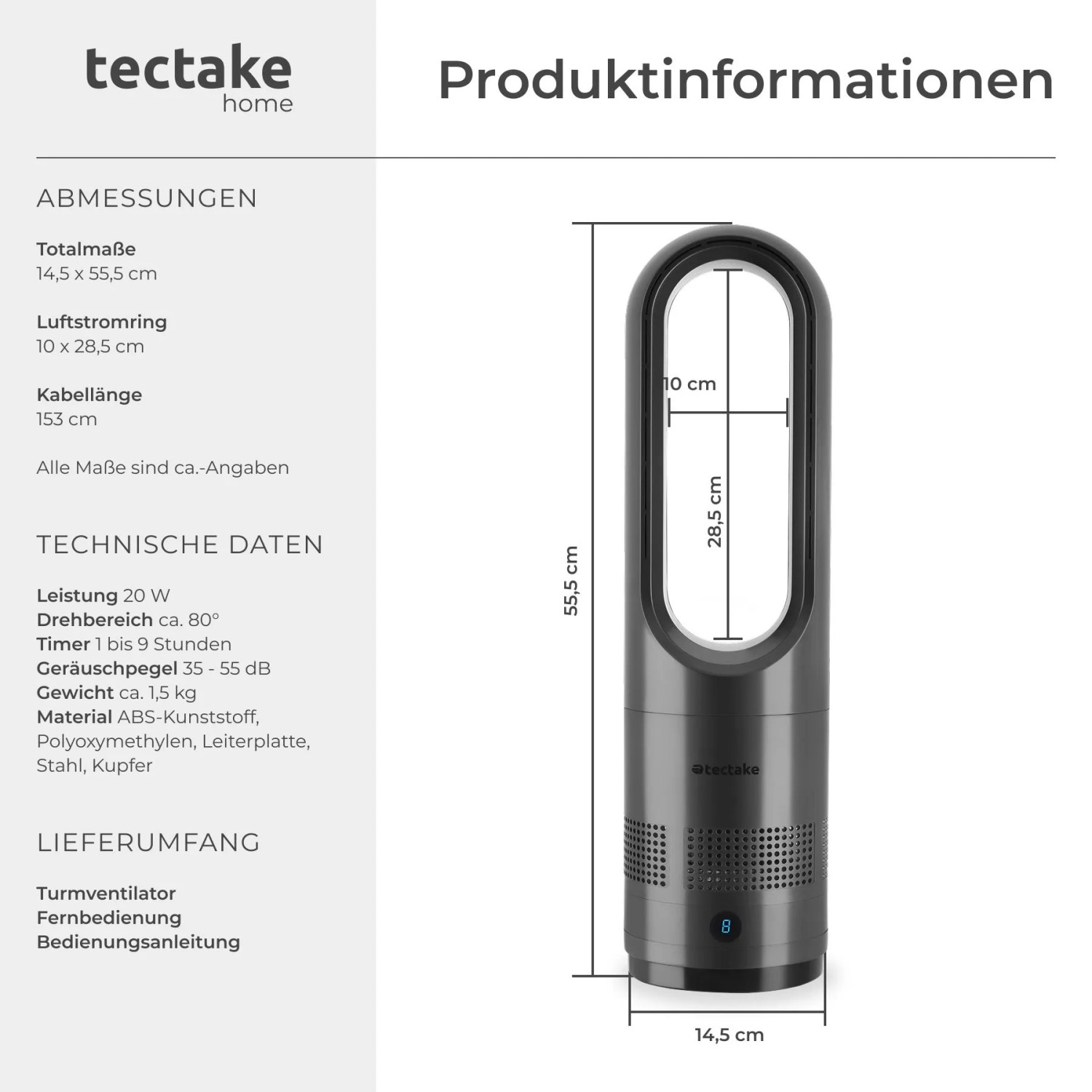 Anthrazitfarbener Tectake Turmventilator Polar mit 8 Geschwindigkeitsstufen und Oszillation.