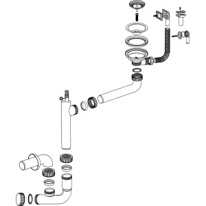 Miló Röhrensiphon-Set (Ø 114 mm) für Spüle, mit Ab- und Überlaufgarnitur, Einzelteile.