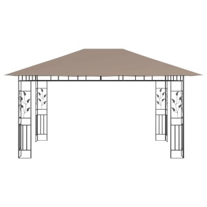 Taupe Pavillon 4x3m mit Moskitonetz und LED-Lichterkette für Garten & Terrasse.