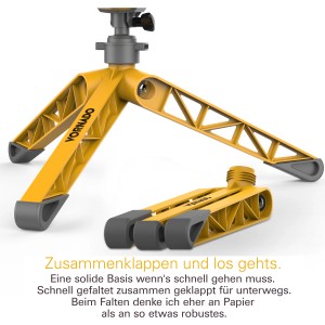 Gelber Vornado Heavy Duty EXO5 Ventilator, zusammengeklappt und aufgestellt.