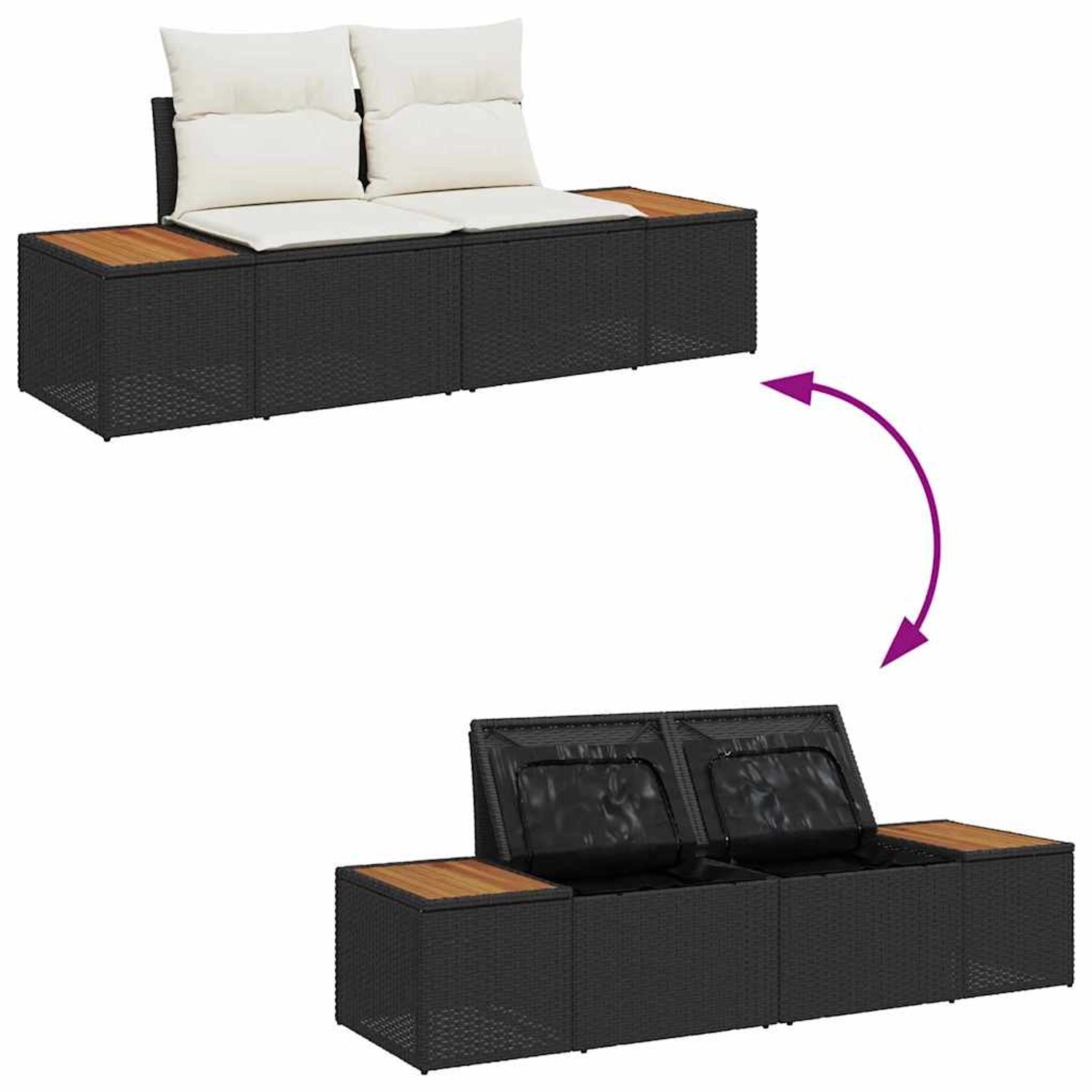 vidaXL Garten-Sofa-Set, 5-teilig, schwarz, Poly Rattan, mit Kissen und Stauraum.