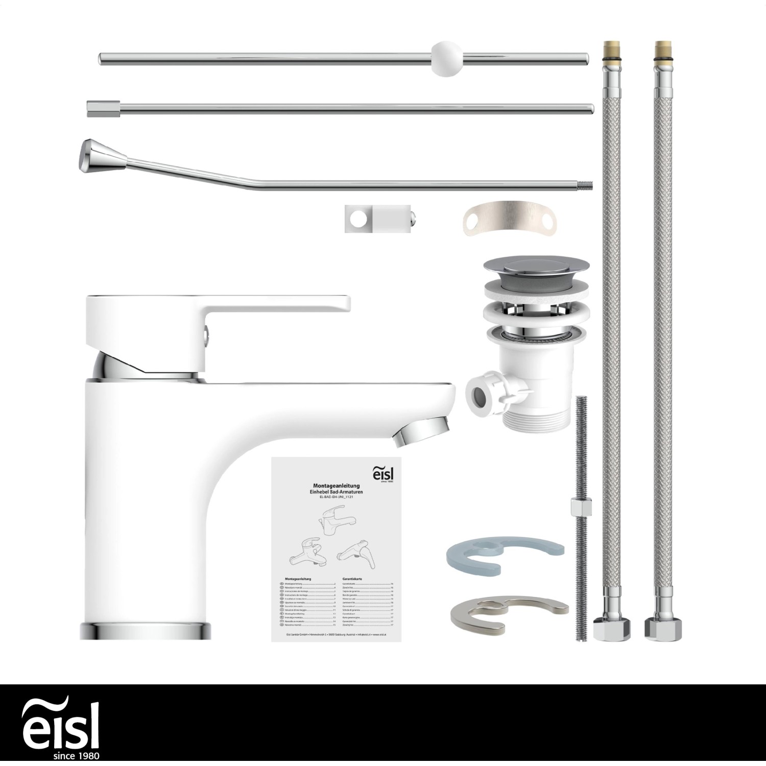 Eisl DIZIANI Waschtischarmatur in Weiß-Chrom mit Zubehör und Montageanleitung.