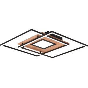Moderne Trio LED Deckenleuchte Via in Holzoptik und Schwarz matt, quadratisches Design.
