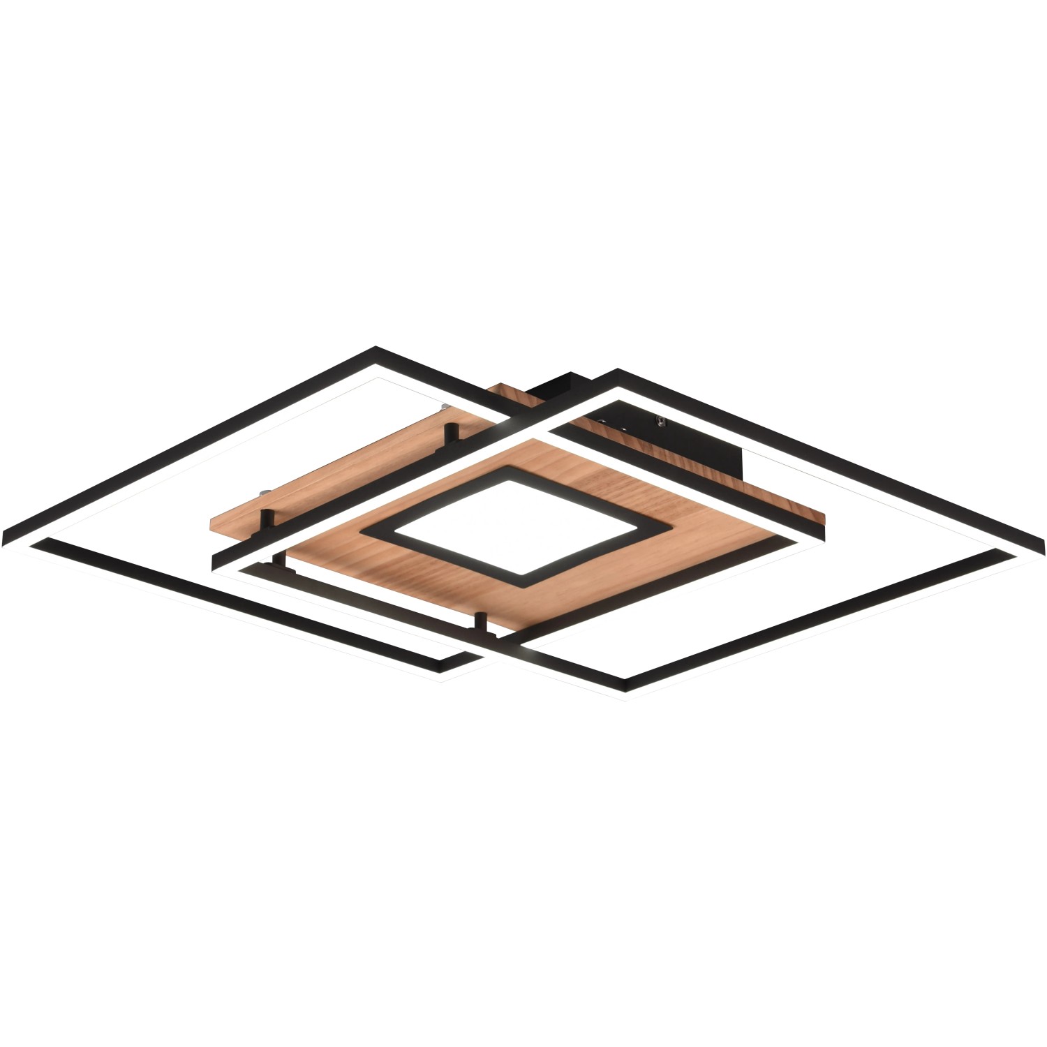 Moderne Trio LED Deckenleuchte Via in Holzoptik und Schwarz matt, quadratisches Design.