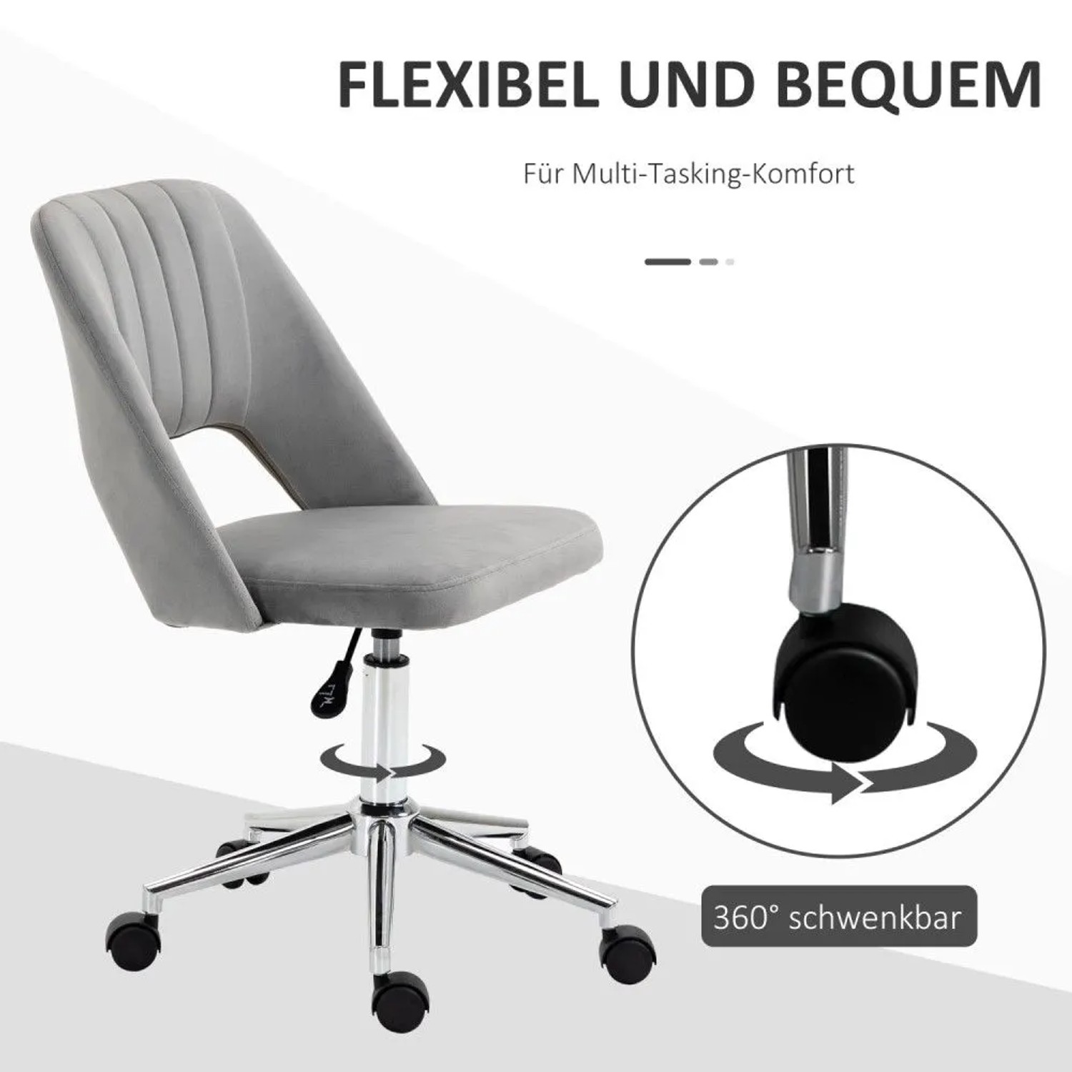 Grauer Vinsetto Schreibtischstuhl aus Samt mit Rollen, verstellbarer Höhe und 360° Drehfunktion für Büro & Home-Office.