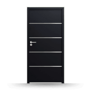 Anthrazitfarbene FM Tür NBT56 Modell 502, 900x2000 mm, mit horizontalen Zierlinien und Türgriff links.