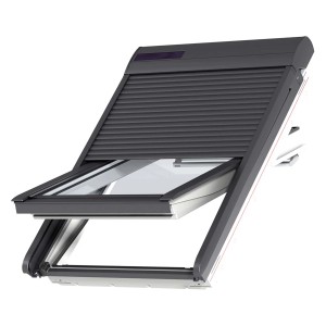 Velux Solar-Rollladen SSL CK02, dunkelgrau, teilweise geöffnet am Dachfenster.