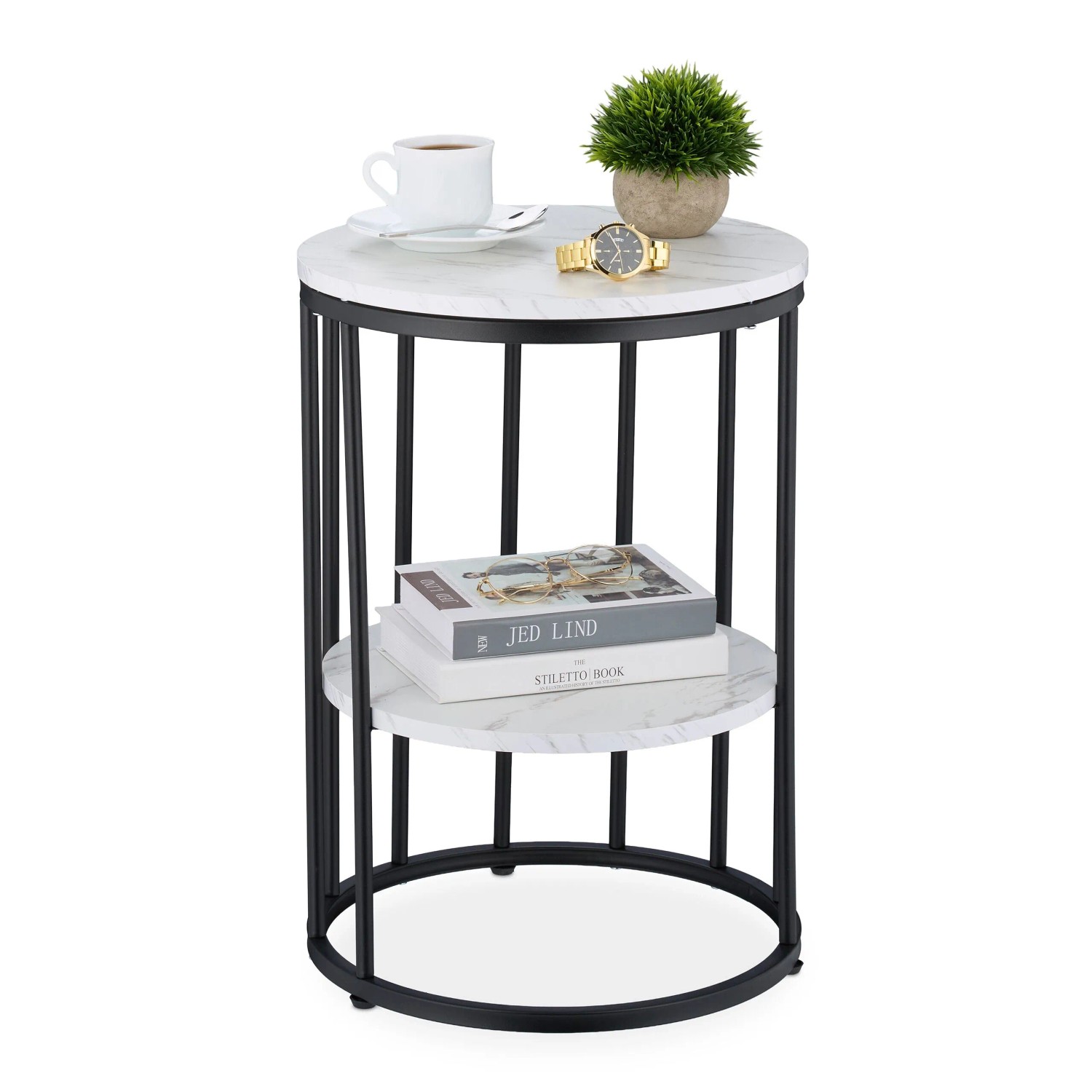 Relaxdays Beistelltisch in Marmoroptik Eisen MDF Weiß Schwarz Höhenverstellbar 57 cm x 40 cm 3,7 kg