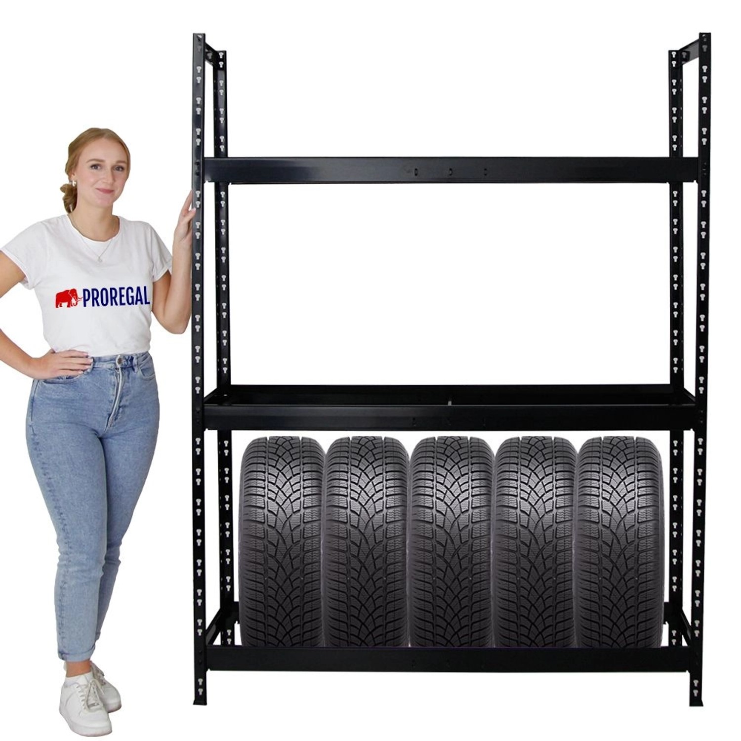 PROREGAL Reifenregal Tiger XL, schwarz, für bis zu 36 Reifen, ideal für Garage und Werkstatt.