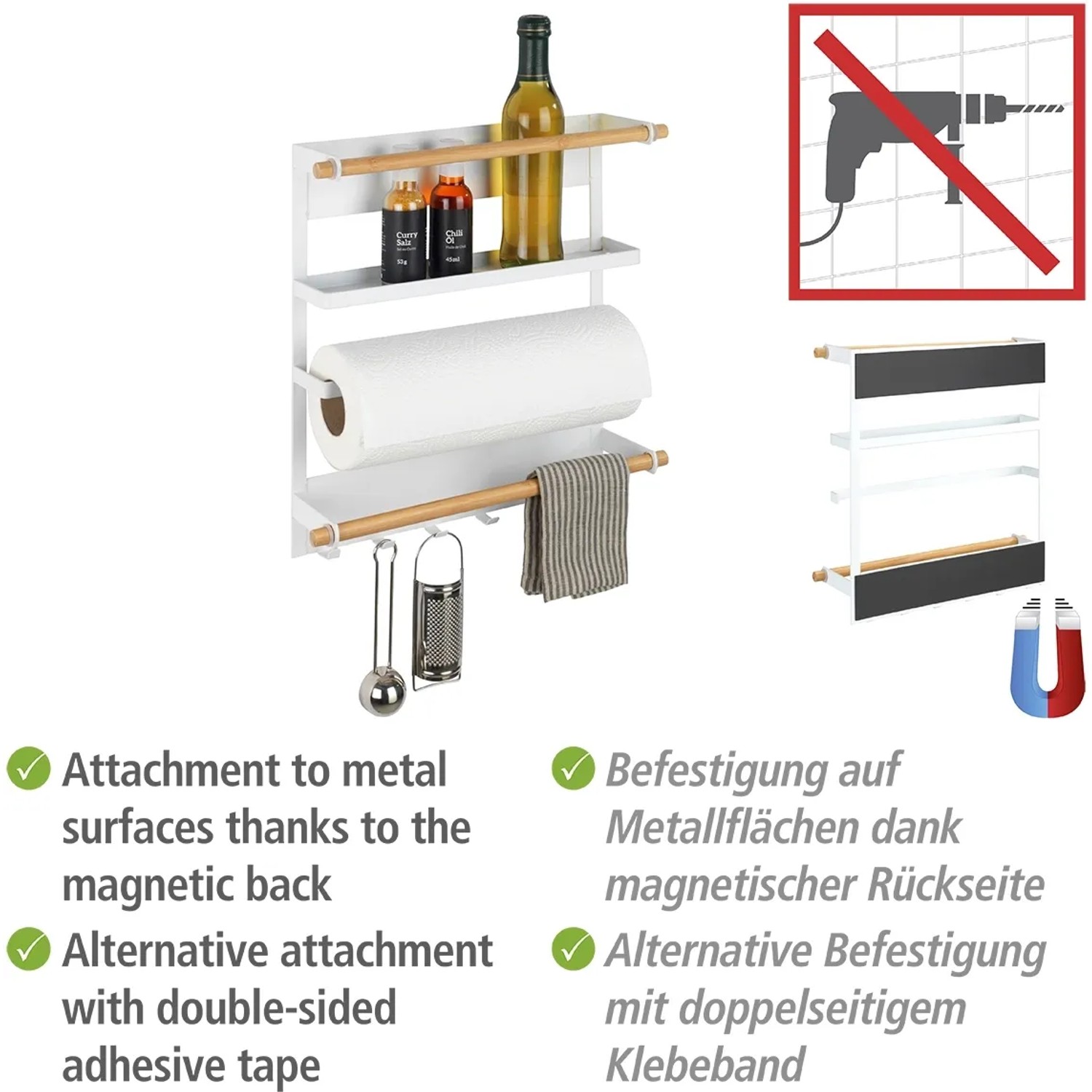 Wenko Küchenregal Magna, weißes Magnetregal mit Ablagen, Küchenrollenhalter und Haken zur Wandmontage ohne Bohren.