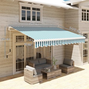 Outsunny Markise, weiß mit blau-weißen Streifen, ausgefahren über einer Terrassenmöbelgruppe.