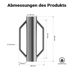 Technische Zeichnung: Wiltec Handramme Ø14cm, Pfostenramme für Zaunbau und Garten, Abmessungen