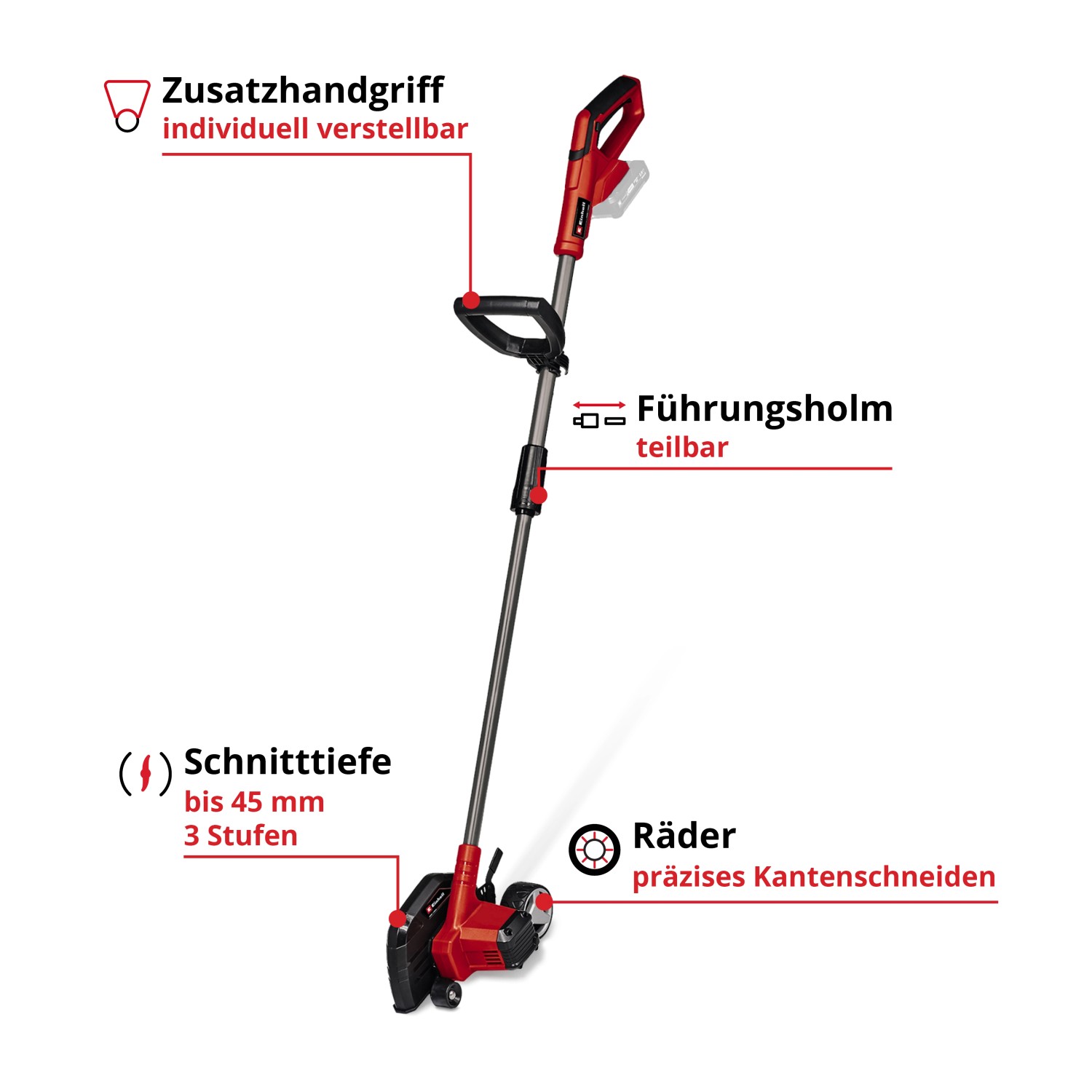 Einhell Akku-Rasenkantenschneider GE-LE 18/190 Li-Solo, rot, mit verstellbarem Zusatzhandgriff und Rädern.