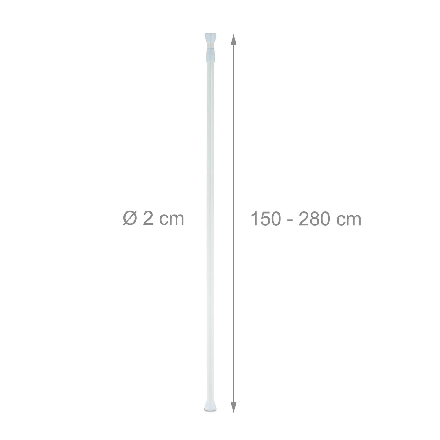 Weiße Teleskopstange aus Edelstahl, verstellbar 150-280 cm, Ø 2 cm. Ideal als Dusch- oder Gardinenstange, bohrfreie Montage.