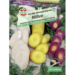 Sperli Möhren Saatband: Snow Man, Yellowbunch, Purple Sun. Bunte Karotten-Sorten für den Garten.