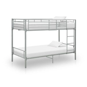 Graues Metall Etagenbett 90x200 cm mit Leiter und Rausfallschutz.