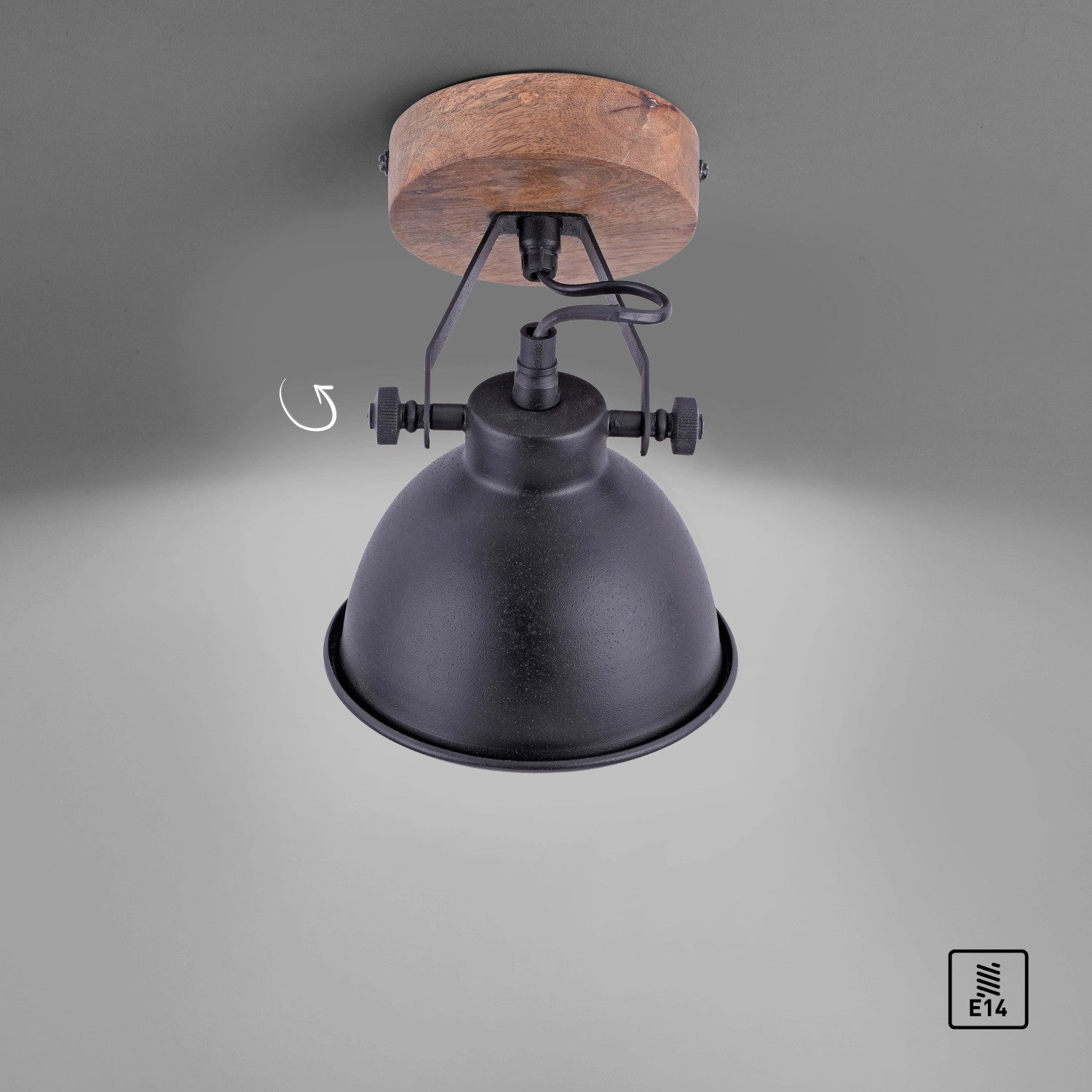 Schwarze Just Light Wand- und Deckenleuchte Samia mit Holzapplikation, 1-flammig.