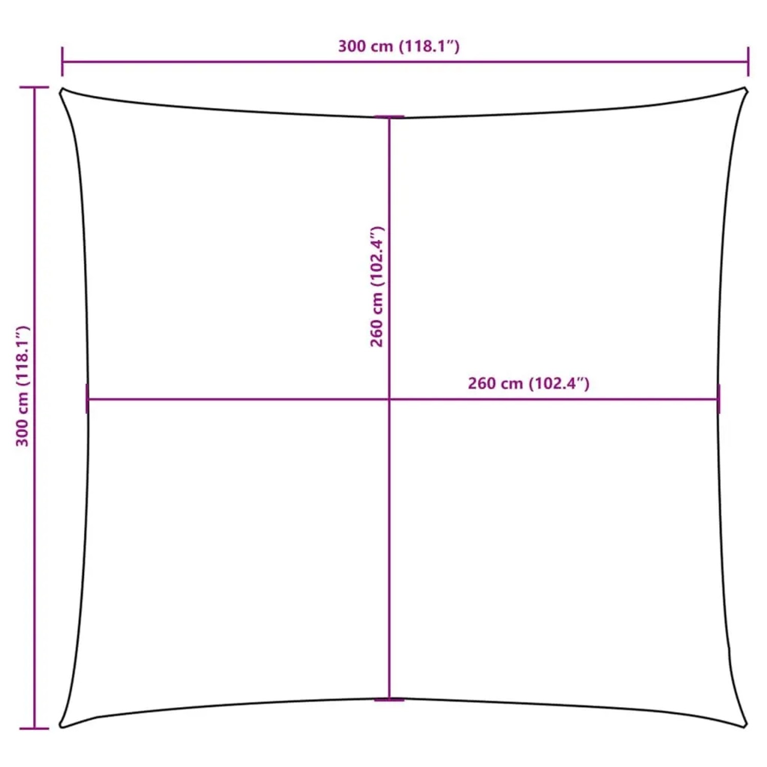 Maßzeichnung quadratisches Sonnensegel 3x3m. Außenkanten 300cm, Innenkanten 260cm.