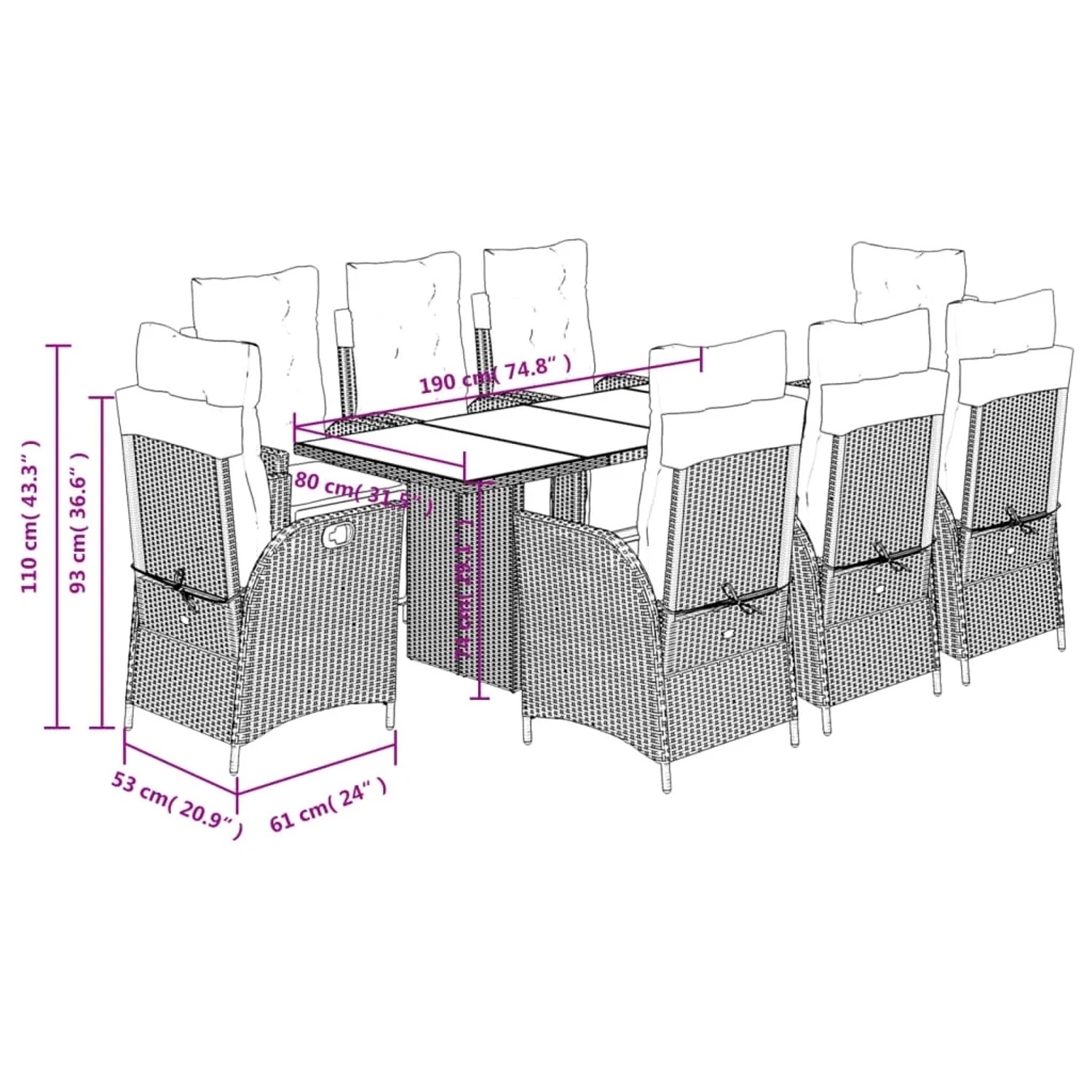 Beige 9-teilige Garten Essgruppe aus Polyrattan mit Tisch und Stühlen mit Kissen.