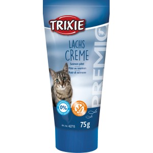 Trixie Lachscreme Premio, 75g Tube Katzenleckerli mit Lachs, glutenfrei und ohne Zuckerzusatz.