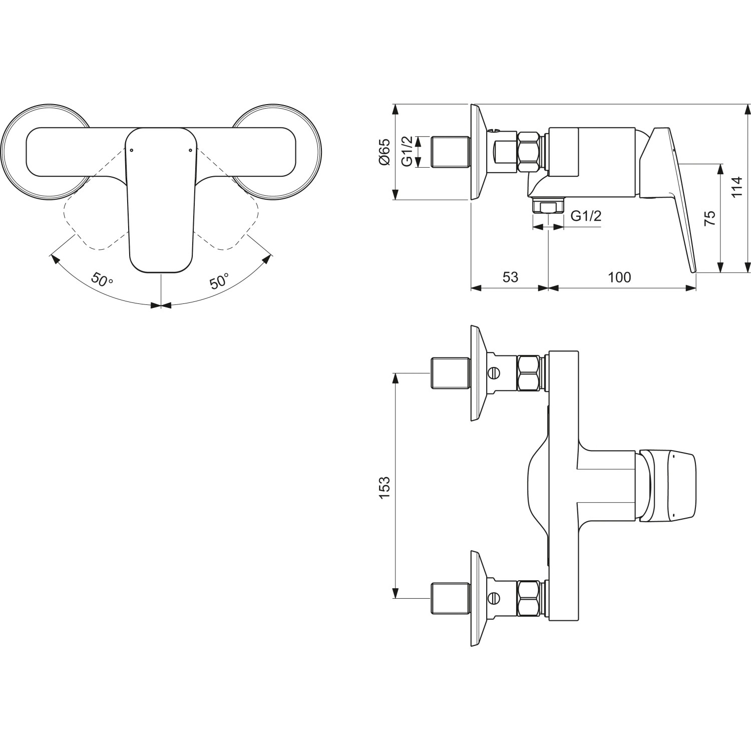 Technische Zeichnung: Ideal Standard Ceraplan Brausearmatur, Aufputz, Schweizer Ausführung mit Maßen.
