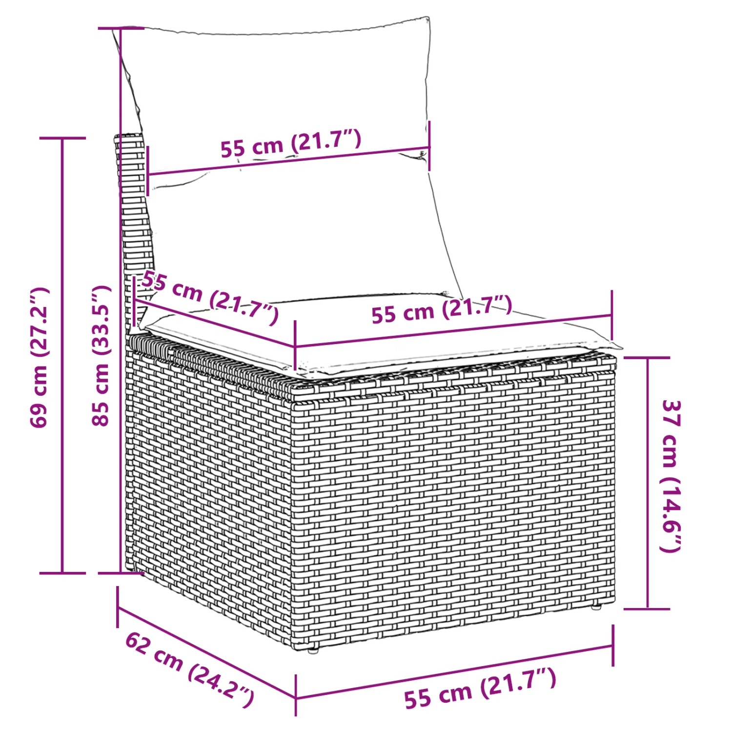 Skizze eines schwarzen vidaXL Gartenmöbel-Sessels aus Rattan mit Kissen und Maßangaben.