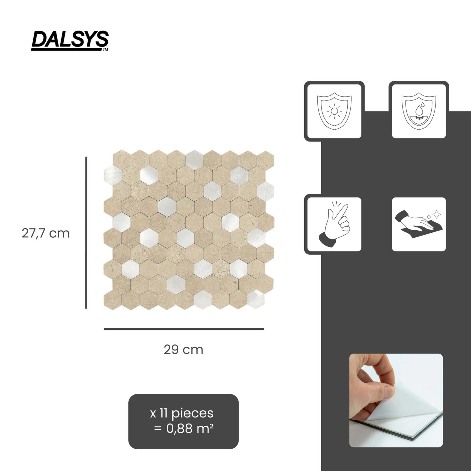 Dalsys Selbstklebende Fliesen 0,88m² 11 Stück Hexagon Sand Silber_2