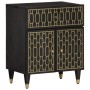 Schwarzer vidaXL Nachttisch aus Mangoholz mit Schublade, Türen und goldenem Muster.
