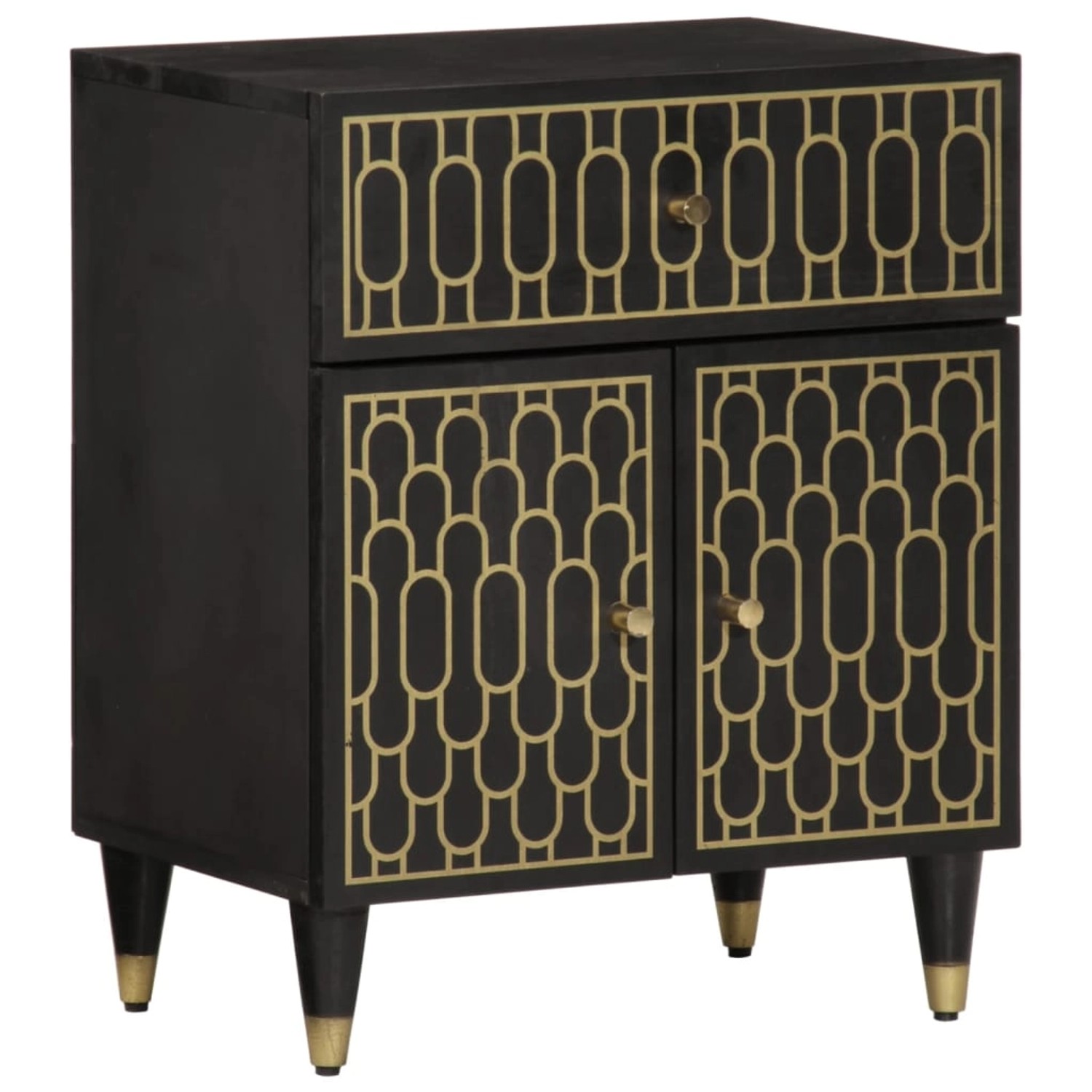 Schwarzer vidaXL Nachttisch aus Mangoholz mit Schublade, Türen und goldenem Muster.