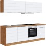 Moderne Held Möbel Küchenzeile 240 cm in Weiß-Wotaneiche mit E-Geräten.