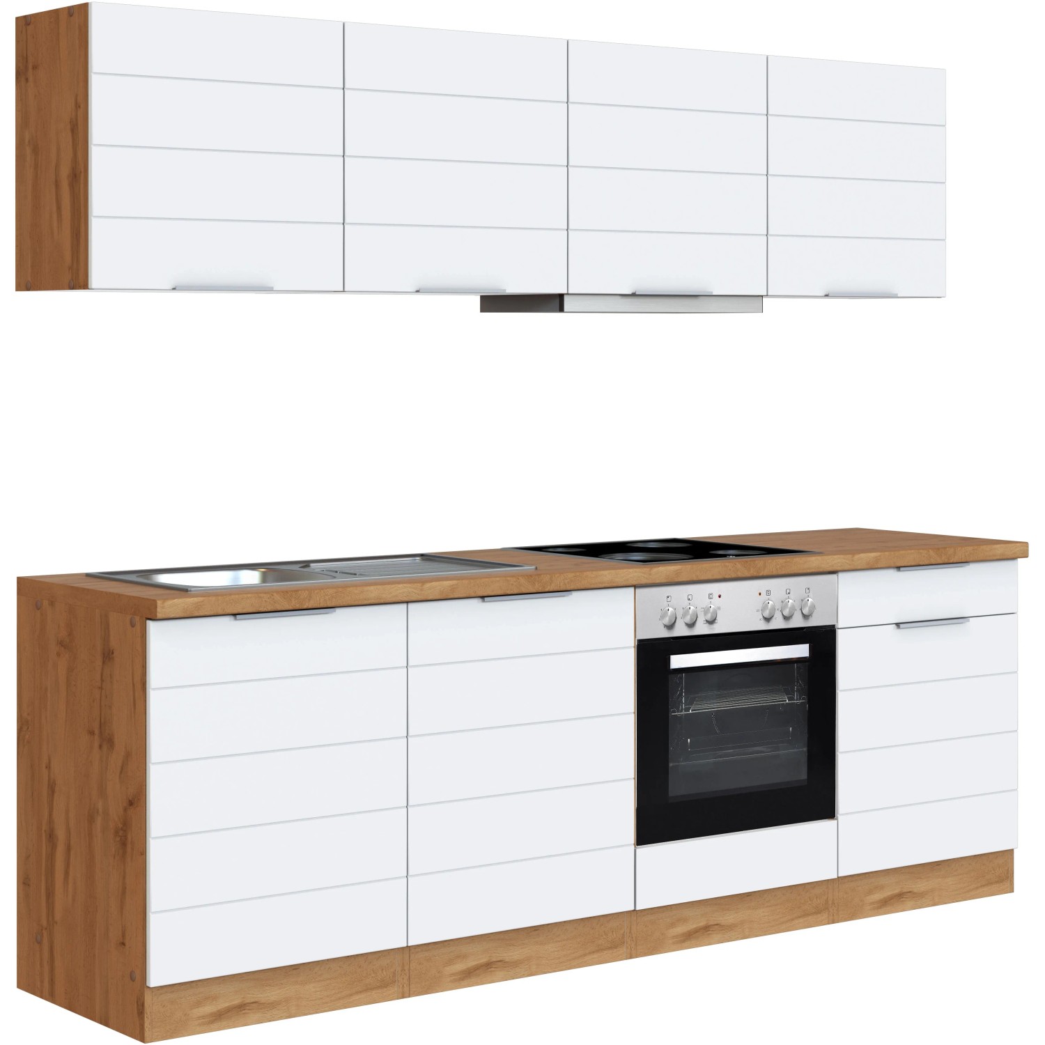 Moderne Held Möbel Küchenzeile 240 cm in Weiß-Wotaneiche mit E-Geräten.