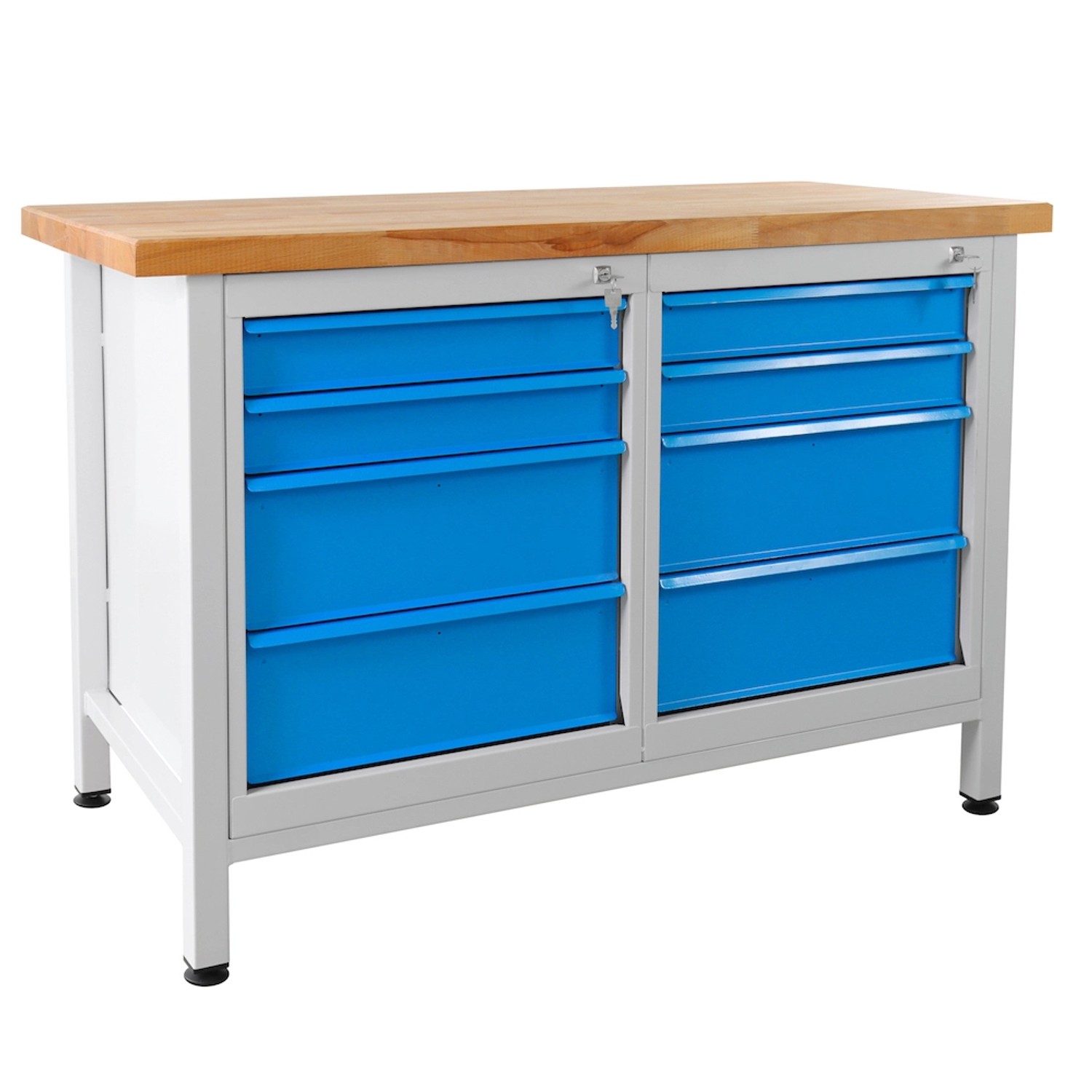 Werkbank Rhino mit 8 Schubladen, lichtgraues Gestell, blaue Schubladen und Buchenholzplatte.