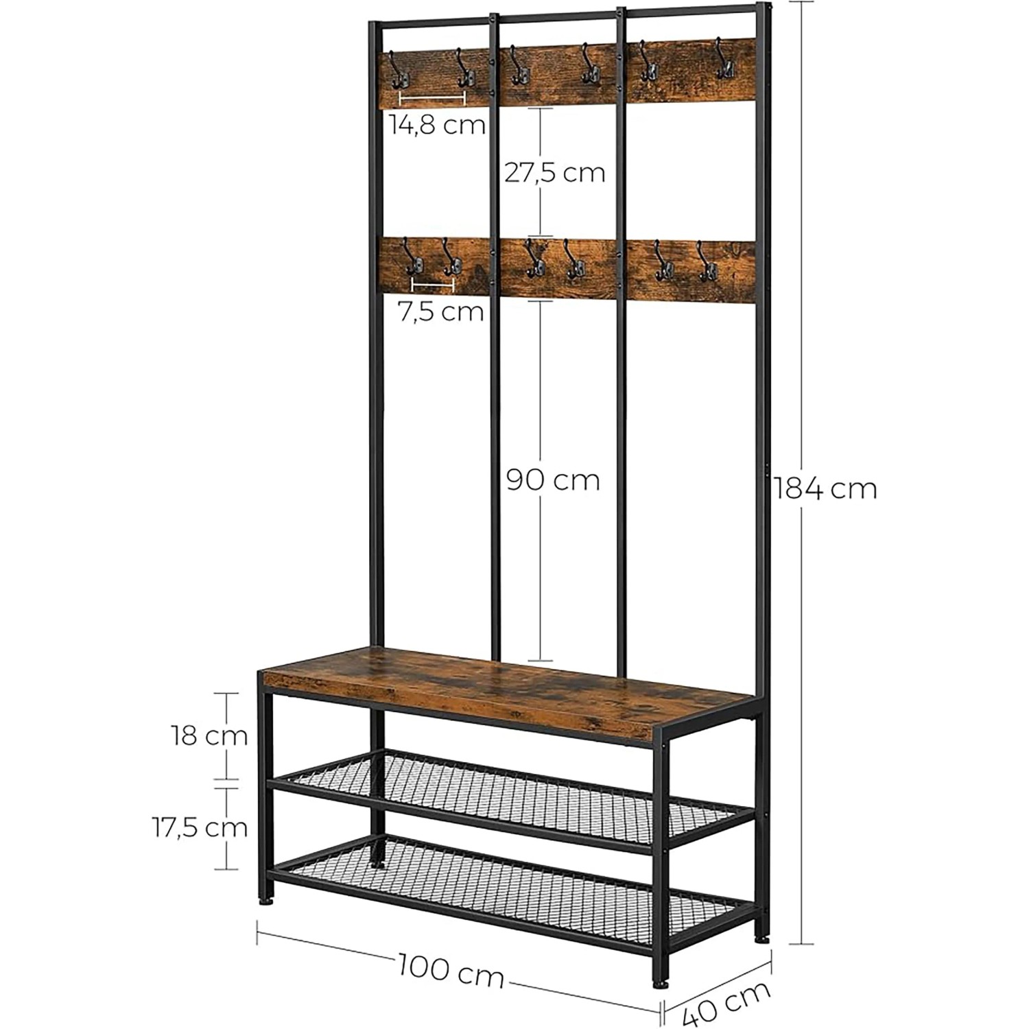 Songmics Garderobenständer Dacey mit Schuhbank, 12 Haken, braun-schwarz. Industrie Design mit Holzoptik und Metall.