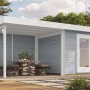 Lasiertes Holz-Gartenhaus Florenz mit Flachdach und Anbau (530x314cm) von OBI Outdoor Living.