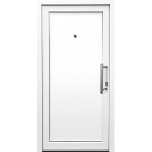 Weiße Kunststoff-Haustür, 100x200 cm, Anschlag rechts, mit Türspion und Edelstahlgriff.