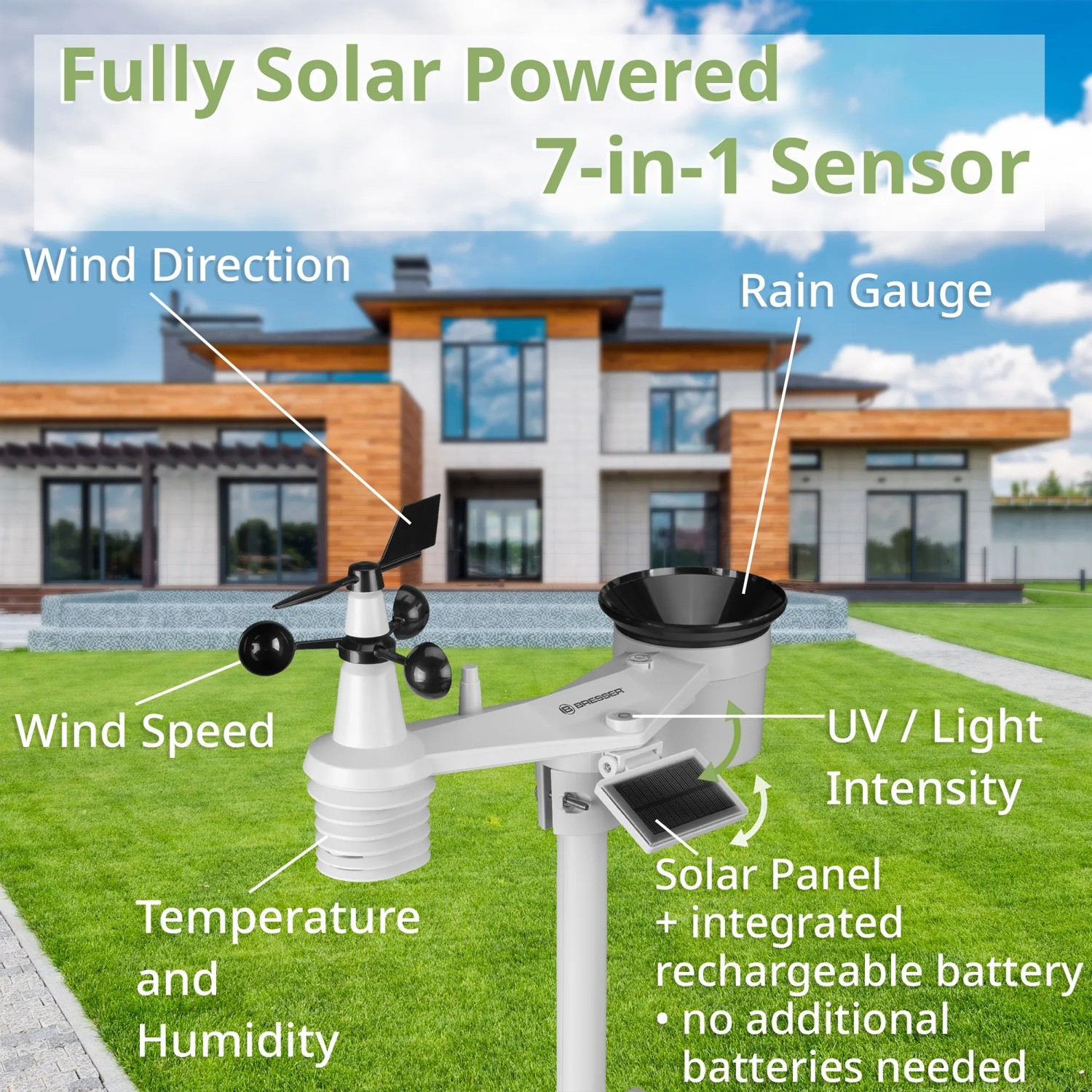Bresser Solar-Wetterstation 4CAST PRO SF 7-in-1: Solarbetriebener Sensor mit Wind-, Regen-, Temperaturmessung.