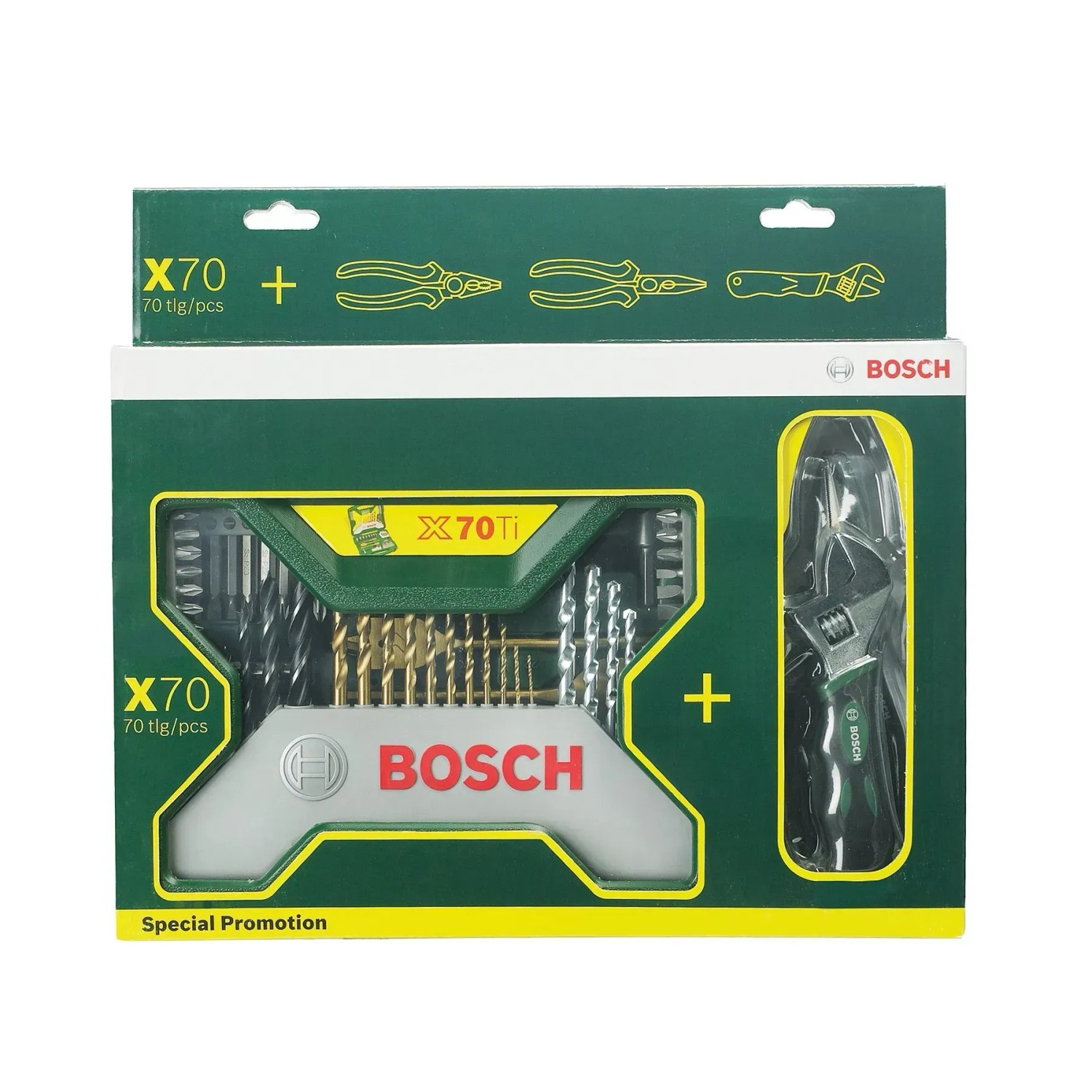 Bosch X-Line Zubehörbox, 70-teilig, inkl. Zangen-Set: Bohrersets, Bits und Zangen im grünen Koffer.