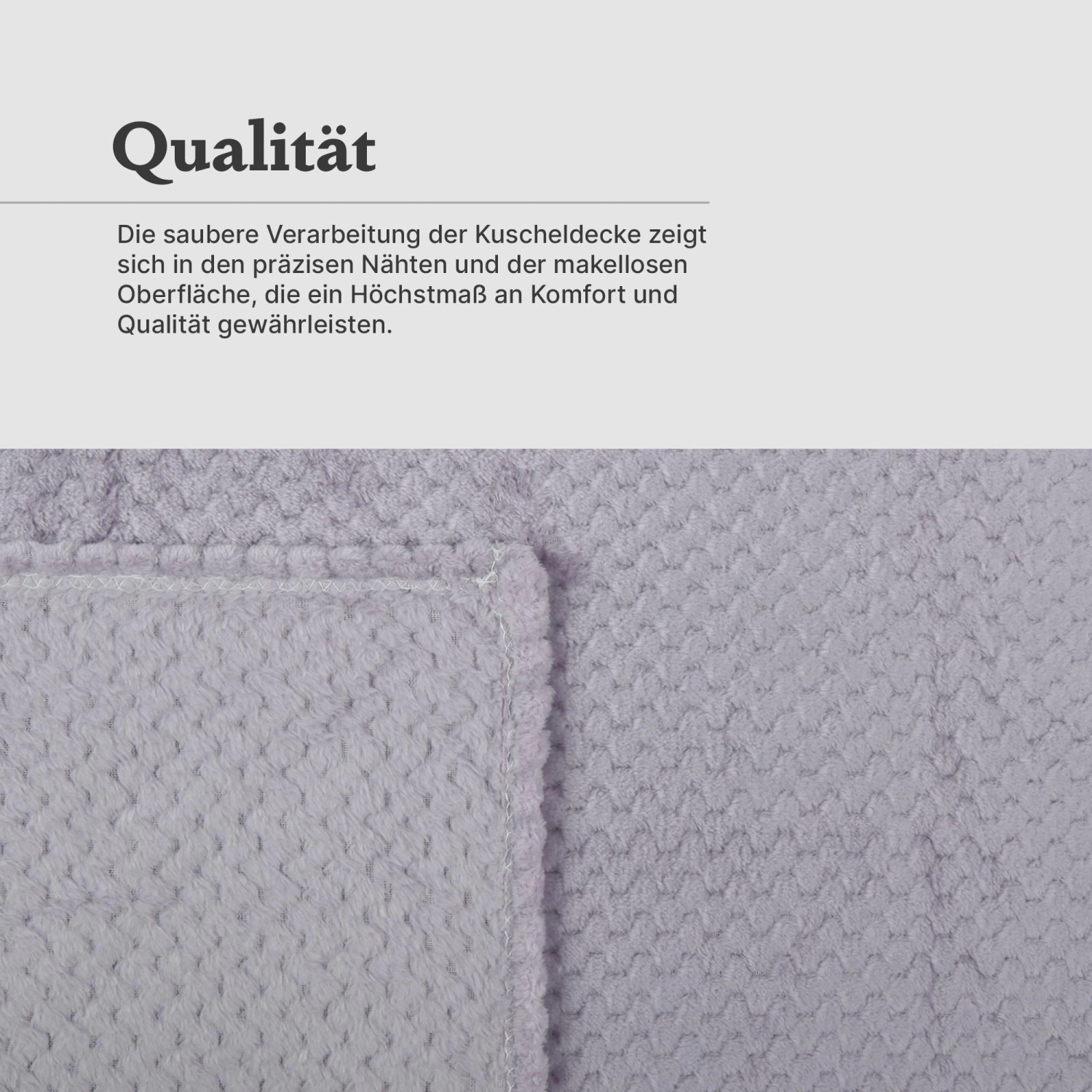 Detailaufnahme: Bestgoodies Kuscheldecke in Popcorn-Optik, Cashmere Touch, zeigt feine Nähte.