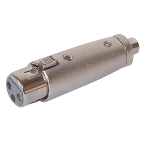Blanko Adapter XLR-Buchse auf Cinch-Buchse aus Metall, silberfarben.