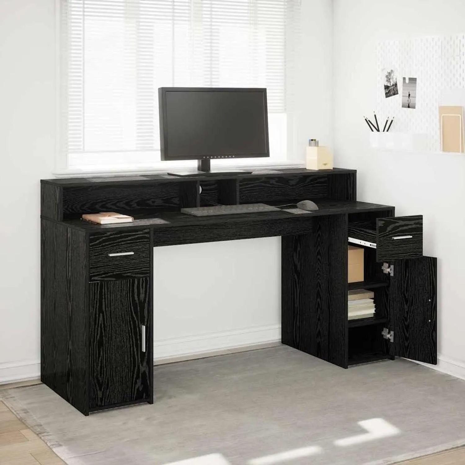 Schwarzer vidaXL Schreibtisch aus Holzwerkstoff mit Stauraum, 160x55x91 cm.